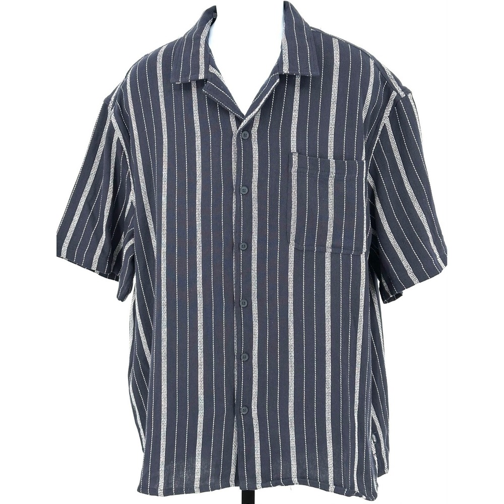 BUFFALO JEANS Mens L Midnight Blue & White Striped NWT Short Sleeve Cotton Shirt